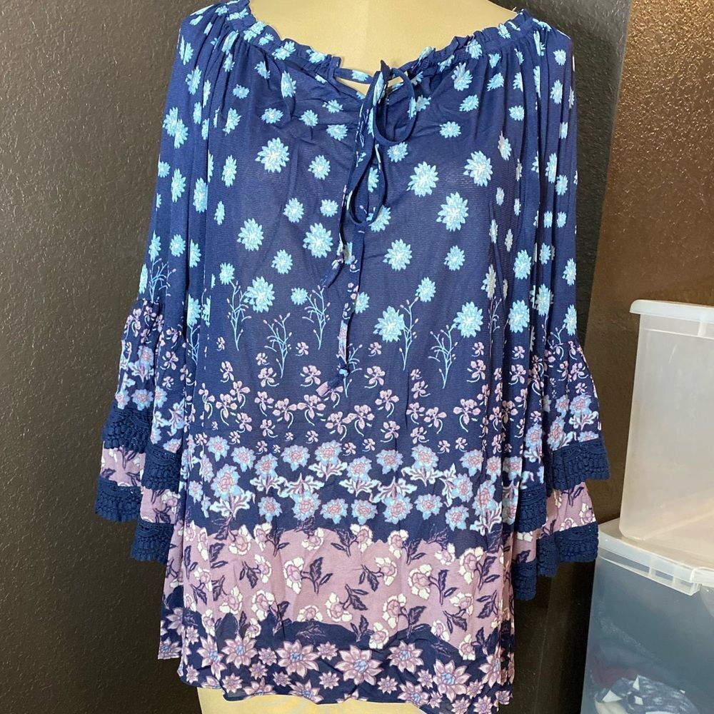 STYLE & Co.‎ Woman blue and purple boho floral mesh lace tie neck tunic top